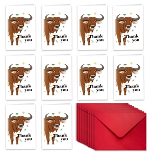 Detailed view of 10-piece cute African buffalo thank you cards with red envelopes