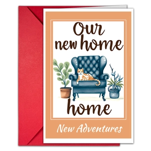 Detail of new home moving card set with cat illustration and bright red envelope
