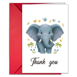 Close-up of cute cartoon elephant thank you card with a vibrant red envelope set
