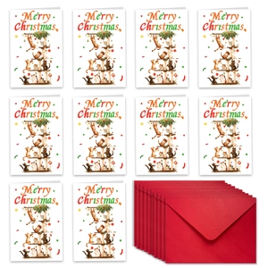Set aus 10 festlichen Weihnachtskarten mit süßen Katzen und roten Umschlägen