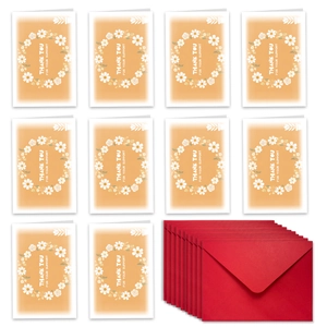 Detail view of 10 floral thank you cards with red envelopes for business support