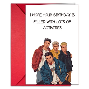 Close-up of a birthday card with four illustrated men and a vibrant red envelope