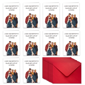 Flat lay set of 10 illustrated birthday cards with matching vibrant red envelopes