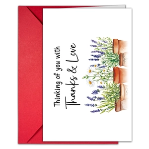 Detailed view of floral thank you card with watercolor lavender and red envelope