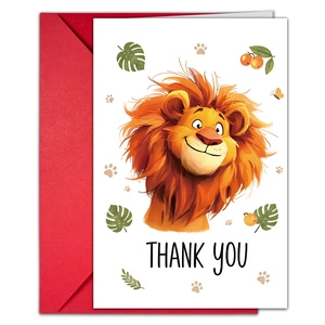 Detail of cute cartoon lion thank you card with tropical leaves and red envelope