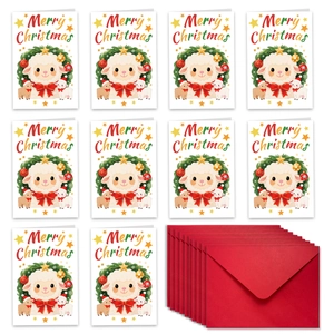 Set aus 10 Schaf-Weihnachtskarten mit roten Umschlägen auf weißem Hintergrund im Detail
