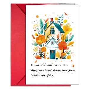 Detail of floral house illustration on white greeting card with a bright red envelope