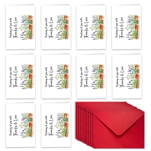 Floral thank you cards set with red envelopes and watercolor potted plants design