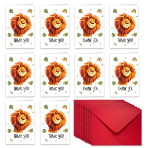 Detail set of 10 cartoon lion Thank You cards with matching red envelopes for gifts