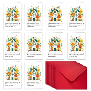 Detailed set of 10 housewarming cards with red envelopes featuring home illustrations