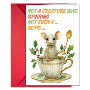 Detail der Weihnachtskarte mit Maus in Teetasse und einem passenden roten Umschlag