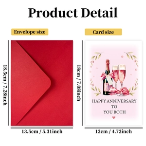 Pink couple anniversary card set with champagne illustration and red envelope