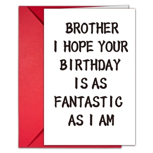 Detail of funny birthday card for brother with red envelope and humorous text message