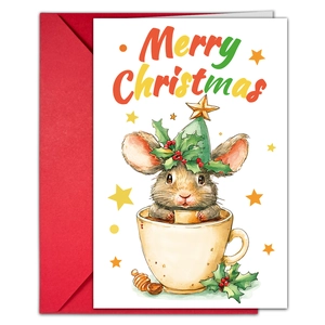 Details der Weihnachtskarte mit niedlicher Maus-Illustration und rotem Umschlag