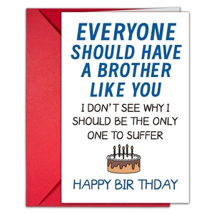 Close-up of humorous brother birthday card with red envelope and blue text design