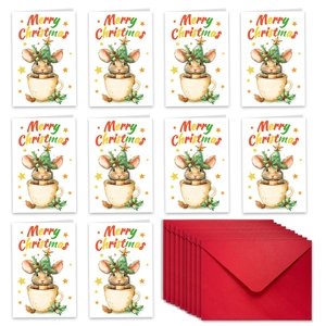 Set mit 10 Weihnachtskarten mit süßen Mäusen in Teetassen und passenden roten Umschlägen