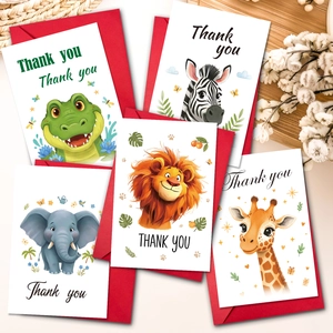 Cartoon Animal Thank You Cards With Red Envelopes Zebra Lion Elephant Giraffe Crocodile Pattern Greeting Card Set For Gift