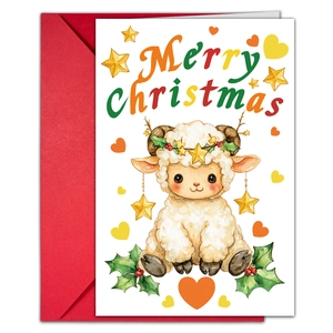 Nahaufnahme der Schaf-Illustration und Frohe Weihnachten Text auf der Grußkarte