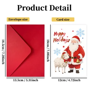 Set de tarjeta de Navidad grande con sobre rojo, diseño de Papá Noel y dimensiones claras