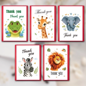 Animal themed thank you cards set with cute illustrations and colorful envelopes