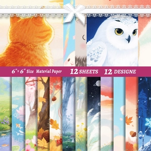 Detail view of 12 aesthetic animal and nature themed scrapbooking material papers