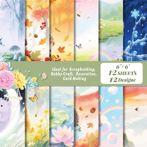 Detailed grid display of 12 unique 6x6 inch watercolor animal and nature scrapbooking papers