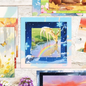 Artistic forest animal scrapbook paper set featuring deer and rainbow on textured stone