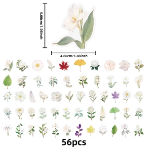 56Pcs transparent PET white flower leaf stickers for journals and laptops, 5x4.8cm