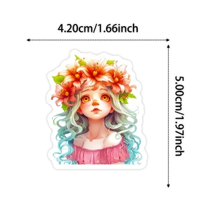 Detail showing dimensions of cute girl sticker with blue hair and floral crown