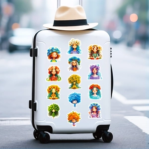 Detailed view of floral girl stickers with waterproof finish on a white suitcase