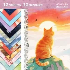 Macro view of 12 animal-themed 6x6 scrapbooking papers with sunset and cat patterns