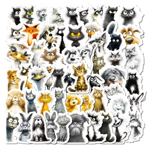 Ensemble d'Autocollants Gribouillis d'Animaux Ébouriffés Chat Chien Dessin Animé PVC Imperméable Pour Ordinateur Portable Valise