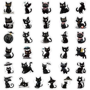 Set di 30 adesivi creativi gatto nero impermeabili con disegni doodle assortiti