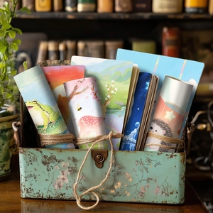 Artistic animal illustration stationery set in a vintage metal tin with rustic twine wrap