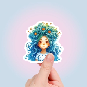 Detail of floral girl sticker with blue hair and daisy crown being held by hand