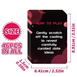 Detail showing dimensions and 46 scratch-off date idea cards for couple interaction