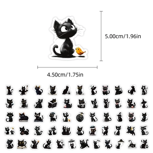 Dettaglio di adesivi di gatto nero con dimensioni mostrate in centimetri e pollici