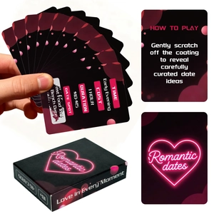 Macro detail of Romantic Dates scratch cards showing date spot, cost, and duration specs