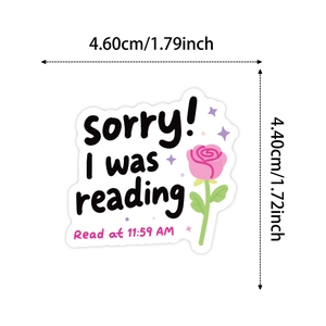 Close-up van leessticker met tekst sorry I was reading en roze rozen decor