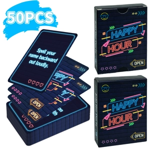 50-card Happy Hour party game for adults with neon design and interactive challenges