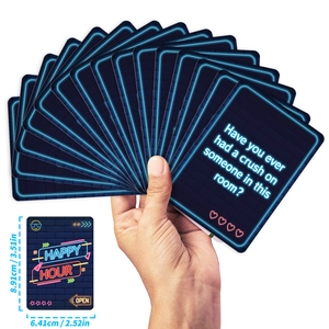 Close-up of 50 neon-style party game cards with social questions and 8.9x6.4cm dimensions