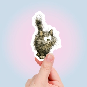 Gros plan d'un autocollant de chat cartoon duveteux avec un style d'art dessiné à la main