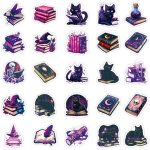 Set mit 56 Gothic Lila Magie Katzen Aufklebern mit Hexenhüten und mystischen Zaubertrankflaschen