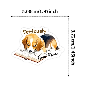 Detailansicht der Abmessungen eines Aufklebers mit lesendem Beagle-Welpen und Maßen