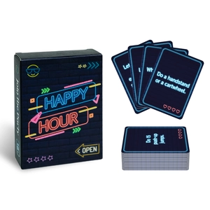 Detail of Happy Hour party card game showing box art and interactive challenge cards