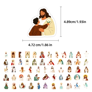 Detailweergave van religieuze stickers met afmetingen en diverse Jezus cartoon ontwerpen