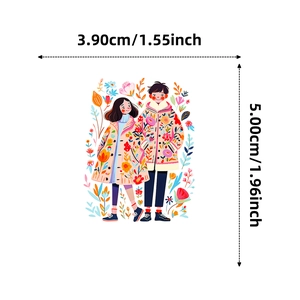 Detailed size view of a 3.9x5cm cartoon couple sticker with colorful floral patterns