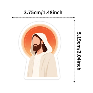 Gedetailleerd beeld van Jezus Christus sticker met afmetingen in centimeters en inches