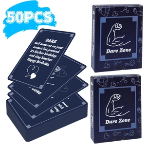 Set of 50 Dare Zone party game cards for adults with interactive challenges and deep blue design