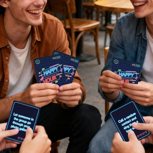Detail showing social interaction game cards with neon design for party entertainment